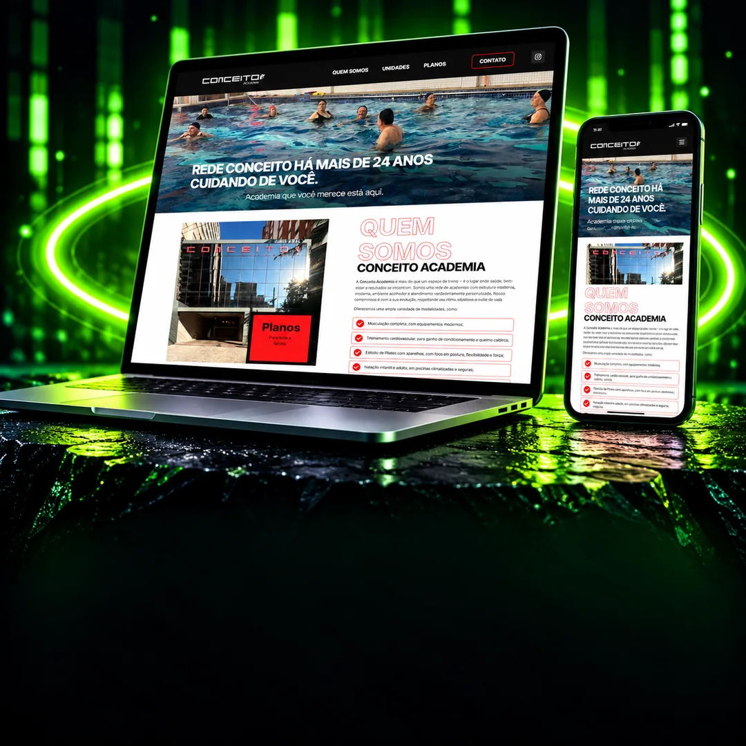 Site da Conceito Academia em computador e smartphone