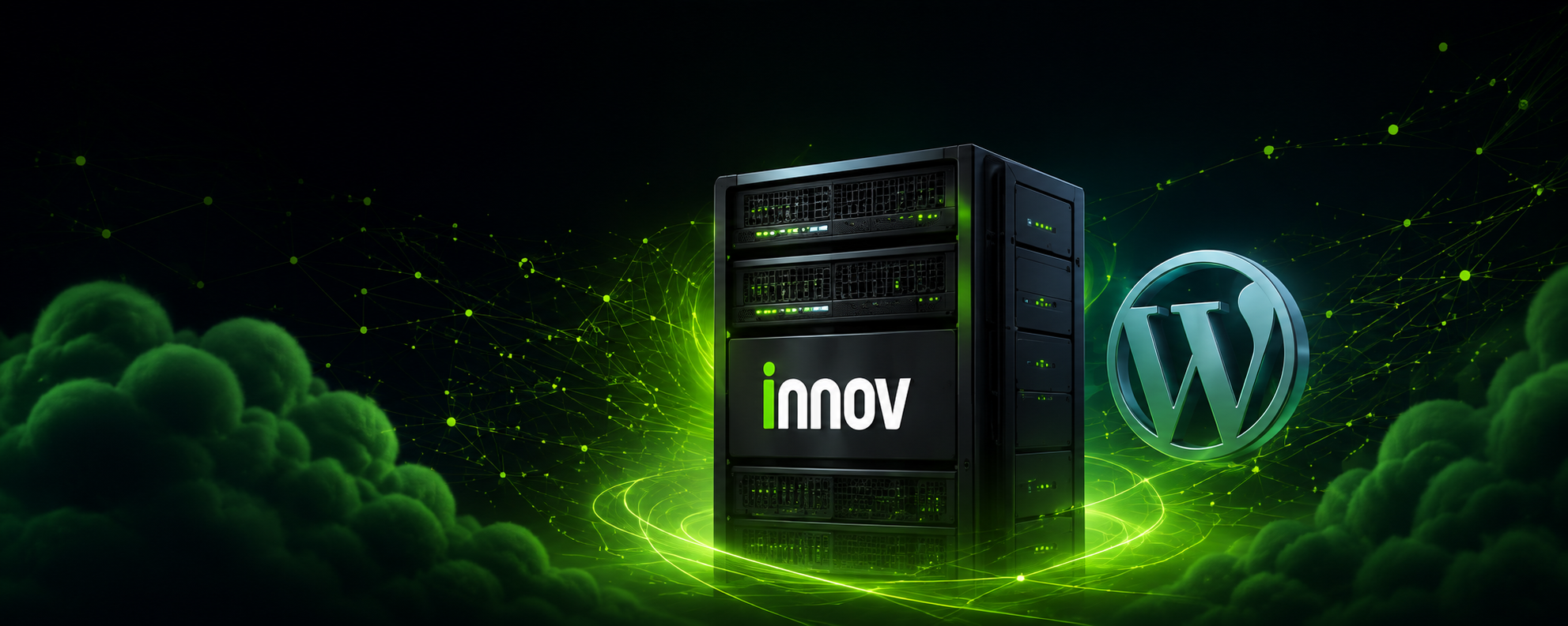 Servidor Innov com logo WordPress em ambiente com nuvens verdes
