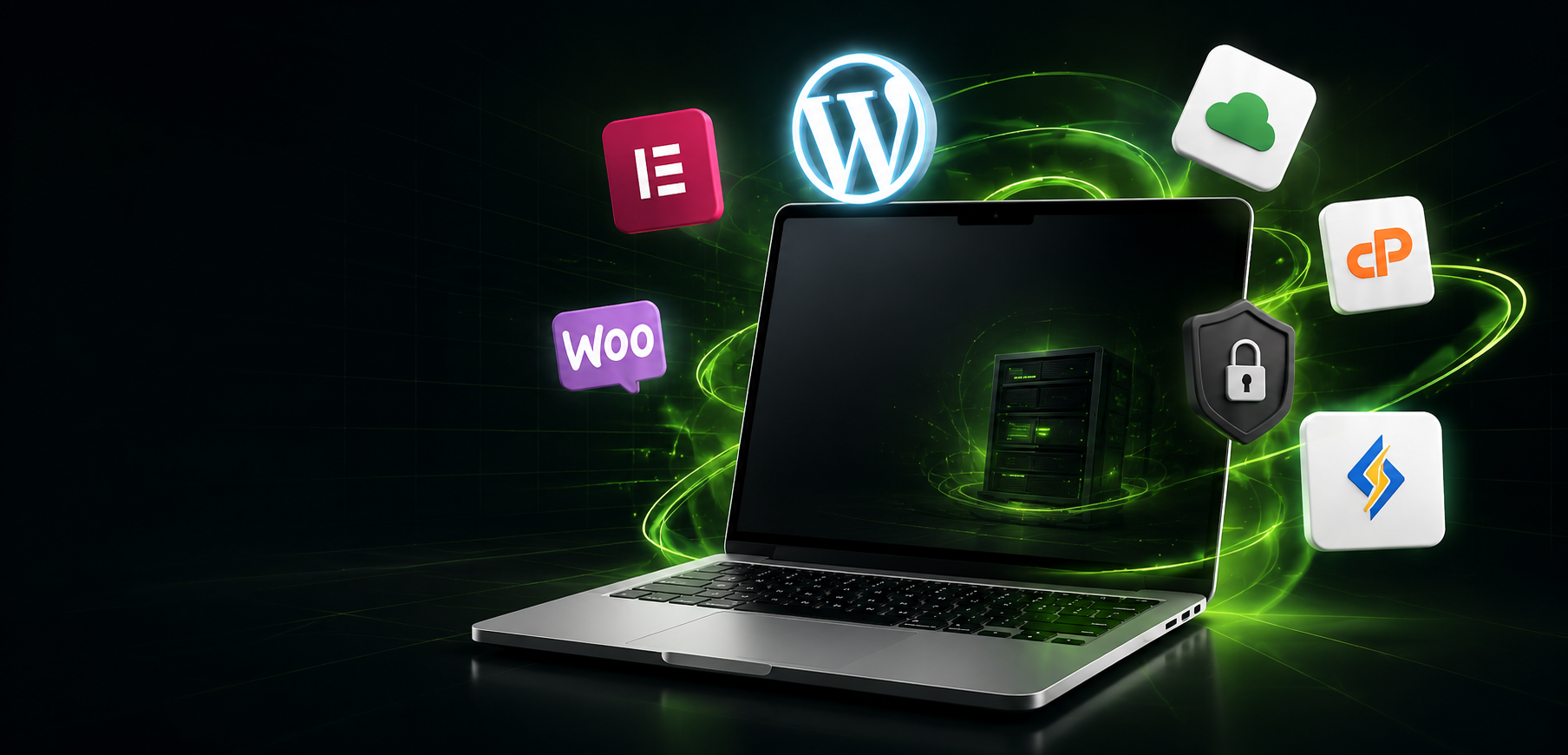 Notebook Innov Tec cercado pelos ícones WordPress, Woo, Elementor, cPanel, LiteSpeed, Cloudflare e segurança