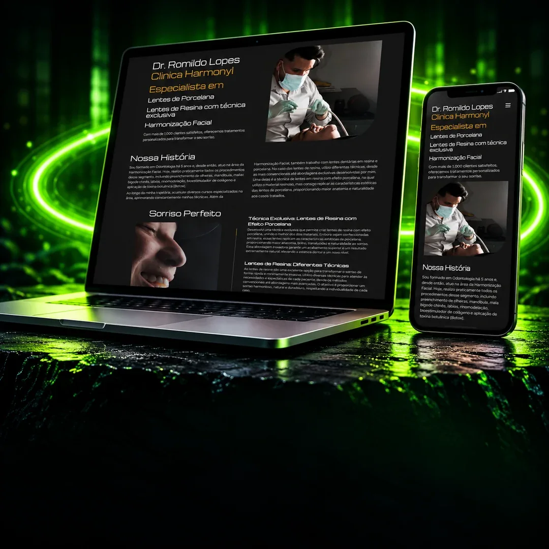 Site de clínica odontológica em computador e smartphone