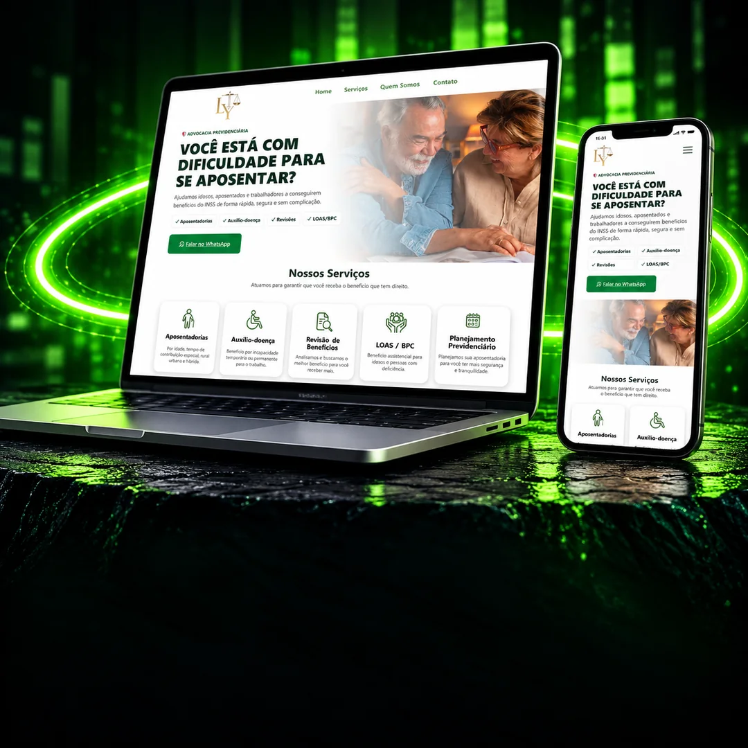 Landing page de advocacia previdenciária em computador e smartphone
